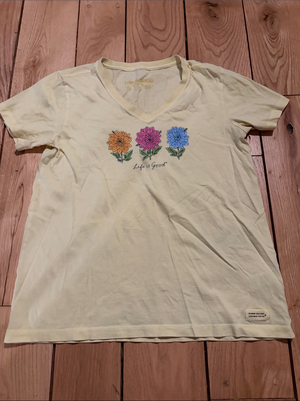 Life Is Good Pale Yellow V-Neck Tee with Trio Floral Embroidery